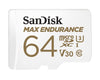SanDisk Max Endurance 64GB microSD 100MB/s 40MB/s 20K hrs 4K UHD C10 U3 V30 -40°C to 85°C Heat Freeze Shock Temperature Water X-ray Proof SD Adapter Sandisk