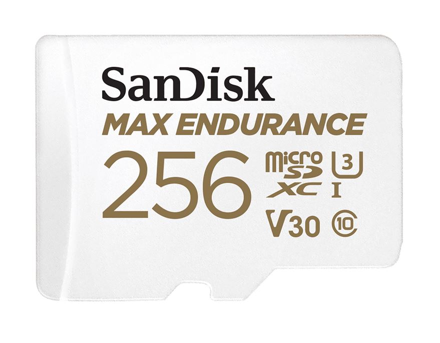 SanDisk Max Endurance 256GB microSD 100MB/s 40MB/s 20K hrs 4K UHD C10 U3 V30 -40°C to 85°C Heat Freeze Shock Temperature Water X-ray Proof SD Adapter Sandisk