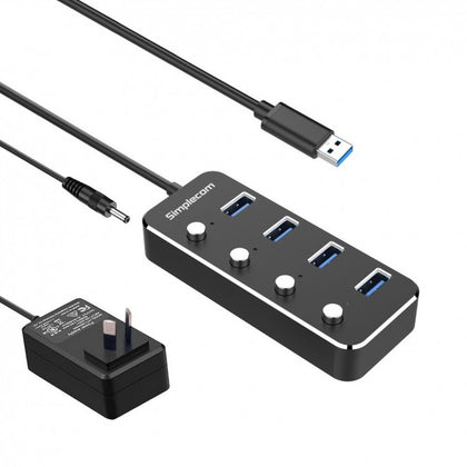 Simplecom CH345PS Aluminium 4-Port USB 3.0 Hub with Individual Switches and Power Adapter Simplecom
