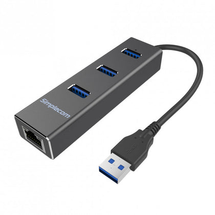 Simplecom CHN410 Black Aluminium 3 Port USB 3.0 HUB with Gigabit Ethernet Adapter 1000Mbps for PC MAC (LS)