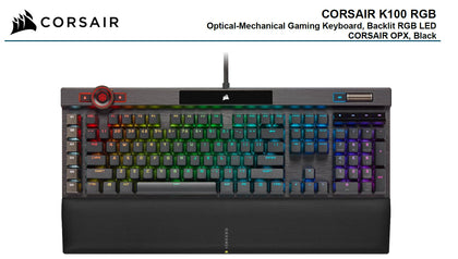 Corsair K100 RGB, Cherry Corsair OPX Switch, AXON 44-Zone RGB, PBT Double-Shot Keycaps, Black,  Mechanical Gaming Keyboard Corsair