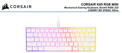 Corsair K65 RGB MINI 60% Mechanical Gaming Keyboard, Backlit RGB LED, CHERRY MX SPEED Keyswitches, White Corsair