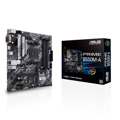 ASUS AMD B550 PRIME B550M-A (Ryzen AM4) mATX MB, Dual M.2, PCIe 4.0, 1Gb Ethernet, HDMI/D-Sub/DVI, SATA 6Gbps, USB 3.2 Gen 2 A, Aura Sync RGB ASUS