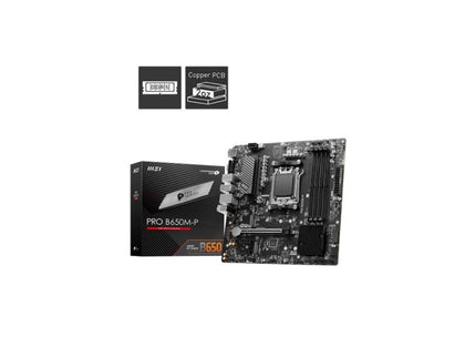 MSI PRO B650M-P  AMD AM5 mATX Motherboard, 4x DDR5 ~192GB, 1x PCI-E x16, 2x PCI-E x1, 2x M.2, 4x SATA,  6x USB 3.2,  4x USB 2.0, 1x USB Type C