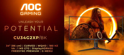 AOC 34' Curved 3440 x 1440 21:9, 1ms, 400cd/m2 HDR, Ultra Fast 180Hz Panel, Adaptive Sync, HDMI: 2.2, DisplayPort: 1.4 Gaming Monitor