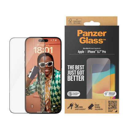 PanzerGlass Apple iPhone 15 Pro Max (6.7') Screen Protector Ultra-Wide Fit -Clear(2812),Scratch & Shock Resistant,Drop Protection,Diamond Strength,2YR
