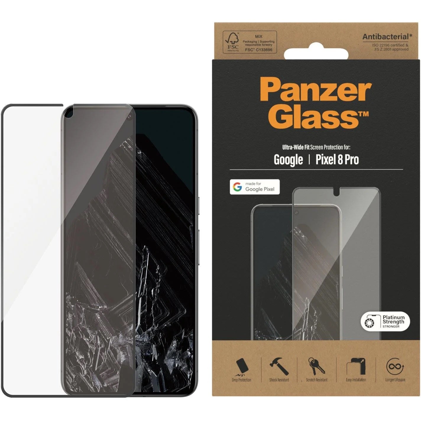 PanzerGlass Google Pixel 8 Pro Screen Protector Ultra-Wide Fit - Clear (4781), Drop Protection, Shock & Scratch Resistant, Platinum Strength, 2YR