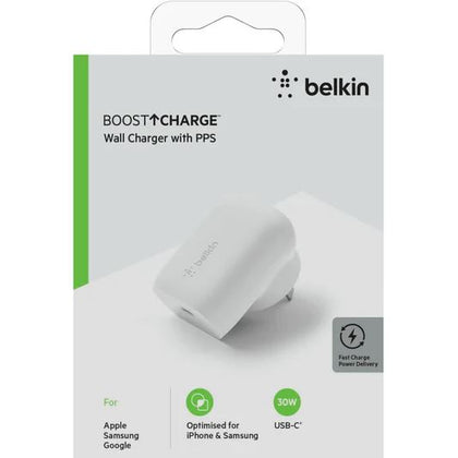 Belkin BoostCharge USB-C PD 3.0 PPS Wall Charger 30W - White (WCA005auWH), Dynamic Power Delivery, Compact and Fast Wall Charger, Travel Ready Belkin