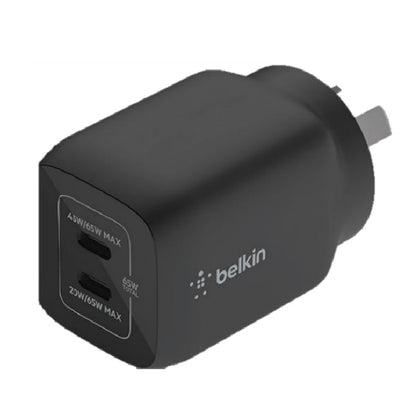 Belkin BoostCharge Pro Dual USB-C GaN Wall Charger with PPS 65W - Black (WCH013auBK),1*USB-C (45-65W), 1*USB-C (20-65W),Dual Port Fast Charger, Laptop