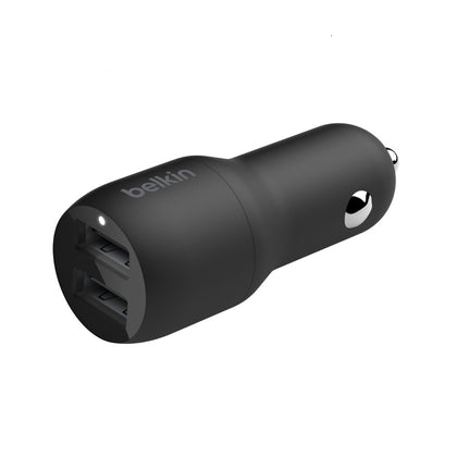 Belkin BoostCharge Dual USB-A Car Charger 24W + USB-C to USB-A Cable (1M) - Black (CCE001bt1MBK),2xUSB-A(12W), Dual Port Fast & Compact Charger,2YR