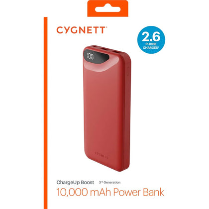 Cygnett ChargeUp Boost 3rd Gen 10K mAh Power Bank - Red (CY4343PBCHE), 1x USB-C(15W),2x USB-A(12W),15cm USB-C Cable,Digital Display,Charge 3 Devices