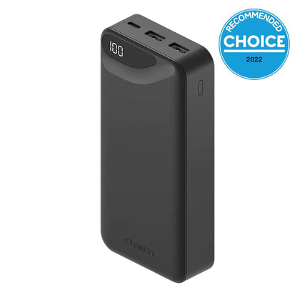 Cygnett ChargeUp Boost 3rd Gen 20K mAh Power Bank - Black (CY4345PBCHE), 1x USB-C(15W),2x USB-A(12W),15cm USB-C Cable,Digital Display,Charge 3 Devices