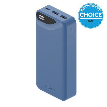 Cygnett ChargeUp Boost 3rd Gen 20K mAh Power Bank - Blue (CY4346PBCHE), 1 x USB-C (15W), 2 x USB-A (12W), USB-C to USB-A Cable (15cm), Fast Charge Cygnett