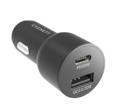 Cygnett CarPower 20W Dual Port Car Charger with 20W USB-C PD + 20W QC 3.0 - Black(CY3637CYCCH),1xUSB-C (20W),1xUSB-A(20W), Power Delivery Fast Charger Cygnett
