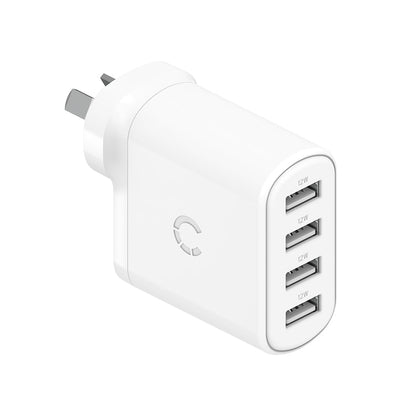 Cygnett PowerPlus 24W Multiport Wall Charger - White (CY3746PDWCH), 4xUSB-A (12W), Compact Design, 24W shared across all 4 x USB-A ports, Travel Ready Cygnett