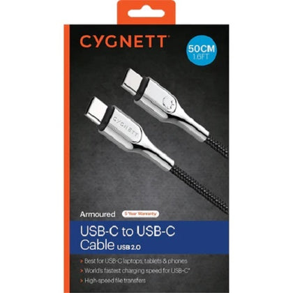 Cygnett Armoured USB-C to USB-C (2.0) Cable (50cm) - Black(CY4362PCTYC),5A/100W,Double Braided Nylon,480Mbps Transfer Speed,Best for Laptop,5 Yr. WTY.