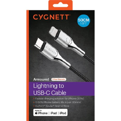 Cygnett Armoured Lightning to USB-C Cable (50cm) - Black (CY4363PCCCL), 30W, Braided, 20K Bend, MFi, Fast Charge, 0-50% Charge in 30mins, 5 Yr. WTY.