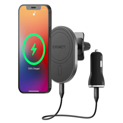 Cygnett Maghold Magnetic Car Wireless Charger 15W - Vent - Black (CY4415WLCCH), Qi Compatible,20W Car Power Adapter,1.5M USB-C Cable,Ring included