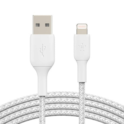 Belkin BoostCharge Braided Lightning to USB-A Cable (2m/6.6ft) - White (CAA002bt2MWH), 12W, 480Mbps Data Transfer, Tested to withstand 10,000+ bends Belkin