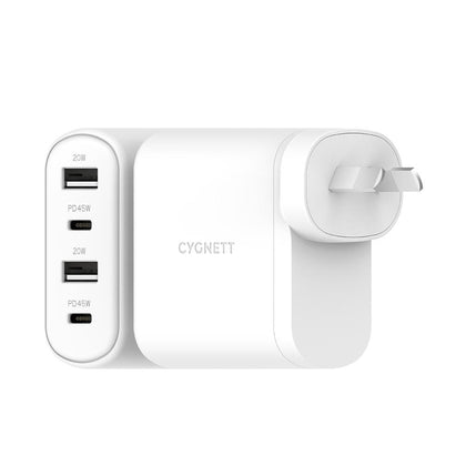 Cygnett PowerPlus 45W Multiport Wall Charger AU - White (CY3675PDWLCH),2xUSB-C PD (45W),2xUSB-A (20W),Fast Charger, Charge 4x devices, Laptop Charger Cygnett