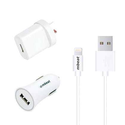 mbeat 3-in-1 MFI USB Lightning Charging Kit (1m Lighting to USB Cable + 2.1A Car & Wall Charger) (LS) MBEAT