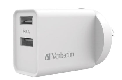 Verbatim USB Charger Dual Port 2.4A - White Twin Port Wall Charger Verbatim