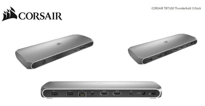 CORSAIR TBT100 Thunderbolt 3 , 2x USB-C 3.2, 2x 4K @ 60Hz HDMI, GB Ethernet, SDXC Card, Slim Aluminum. 100w Adaptor, 85w PD,  MS & MAC Docking Station Corsair