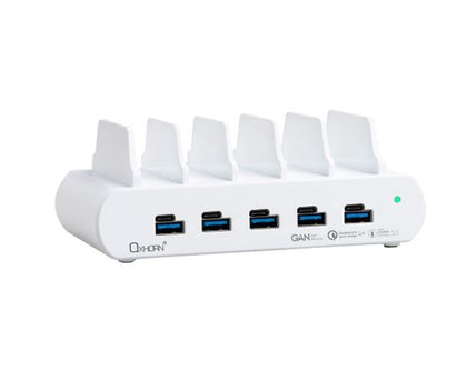 Oxhorn PoverDelivery150W 5 Port (A+C) Fast Charging Dock with build-in rack5 Port USB-A USB-C PD3.0 QC4.0 PPS 100-240V AC input White