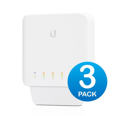 Ubiquiti USW Flex 3 Pack- Managed, Layer 2 Gigabit switch with auto-sensing 802.3af PoE support. 1x PoE In, 4x PoE Out Ubiquiti
