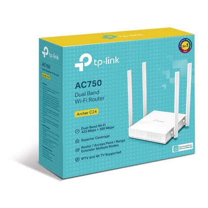 TP-Link Archer C24 AC750 Dual-Band Wi-Fi Router 2.4GHz 300Mbps 5GHz 433Mbps 4xLAN 1xWAN 4xAntennas, WPS, Router Access Point and Range Extender Modes TP-LINK