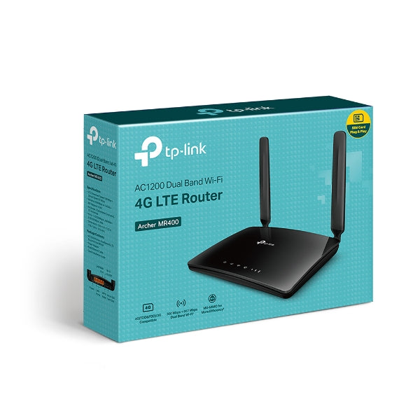 TP-Link Archer MR400 AC1200 APAC Version 150Mbps Wireless Dual Band Router 4G LTE Router 300Mbps/867Mbps 3x100Mbps LAN, B5/B28 T1 Carrier Compatible TP-LINK