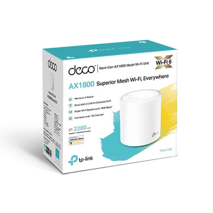 TP-Link Deco X20 (1-pack)AX1800 Whole Home Mesh Wi-Fi 6 System, Up To 200 sqm Coverage, WIFI6, 1201Mbps @ 5Ghz, 574Mbps @ 2.4 GHz OFDMA, MU-MIMO (WIFI TP-LINK