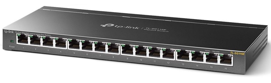 TP-Link TL-SG116E 16-Port Gigabit Unmanaged Pro Switch Desktop/Wall Mounting L2 Features 32xVLAN 32Gbps Capacity 23.81Mpps 8K MAC 4.1Mb Buffer Fanless TP-LINK