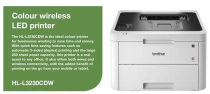 Brother HL-L3230CDW Colour LED Laser Printer with automatic 2-sided printing and wireless connectivity. 24ppm Mono and Colour Brother