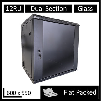 LDR Flat Packed 12U Hinged Wall Mount Cabinet (600mm x 550mm) Glass Door - Black Metal Construction - Top Fan Vents - Side Access Panels LDR