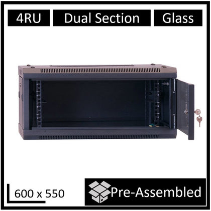 LDR Assembled 4U Hinged Wall Mount Cabinet (600mm x 550mm) Glass Door - Black Metal Construction - Top Fan Vents - Side Access Panels LDR