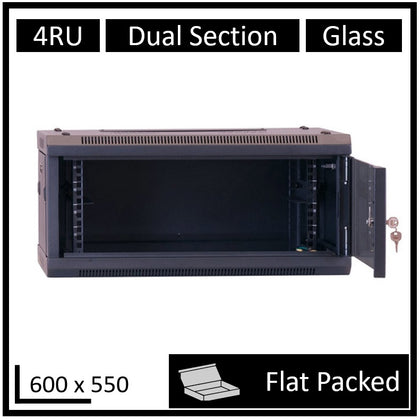 LDR Flat Packed 4U Hinged Wall Mount Cabinet (600mm x 550mm) Glass Door - Black Metal Construction - Top Fan Vents - Side Access Panels LDR