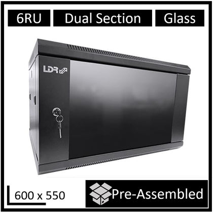 LDR Assembled 6U Hinged Wall Mount Cabinet (600mm x 550mm) Glass Door - Black Metal Construction - Top Fan Vents - Side Access Panels LDR