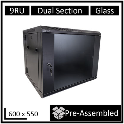 LDR Assembled 9U Hinged Wall Mount Cabinet (600mm x 550mm) Glass Door - Black Metal Construction - Top Fan Vents - Side Access Panels LDR