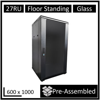 LDR Assembled 27U Server Rack Cabinet (600mm x 1000mm) Glass Door, 1x  8-Port PDU, 1x 4-Way Fan, 2x Fixed Shelves - Black Metal Construction LDR