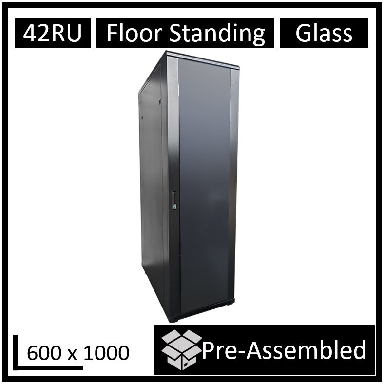 LDR Assembled 42U Server Rack Cabinet (600mm x 1000mm) Glass Door, 1x 8-Port PDU, 1x 4-Way Fan, 2x Fixed Shelves - Black Metal Construction LDR