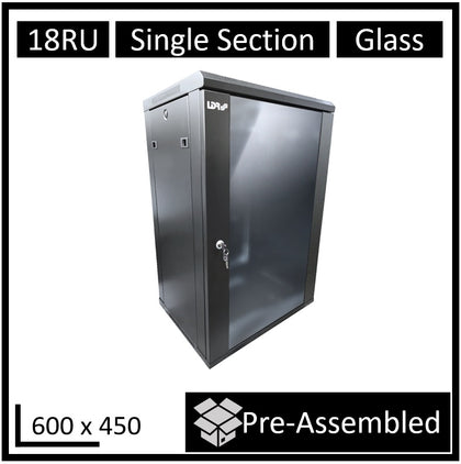 LDR Assembled 18U Wall Mount Cabinet (600mm x 450mm) Glass Door - Black Metal Construction - Top Fan Vents - Side Access Panels LDR