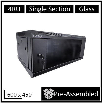 LDR Assembled 4U Wall Mount Cabinet (600mm x 450mm) Glass Door - Black Metal Construction - Top Fan Vents - Side Access Panels LDR