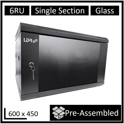 LDR Assembled 6U Wall Mount Cabinet (600mm x 450mm) Glass Door - Black Metal Construction - Top Fan Vents - Side Access Panels LDR