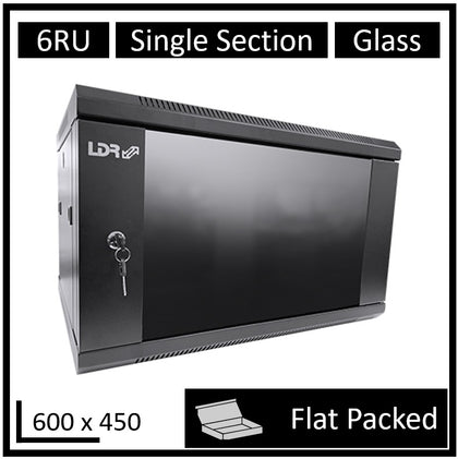 LDR Flat Packed 6U Wall Mount Cabinet (600mm x 450mm) Glass Door - Black Metal Construction - Top Fan Vents - Side Access Panels LDR