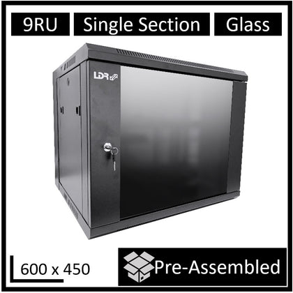 LDR Assembled 9U Wall Mount Cabinet (600mm x 450mm) Glass Door - Black Metal Construction - Top Fan Vents - Side Access Panels LDR
