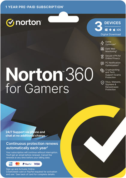 Norton 360 For Gamers 50GB AU 1 User 3 Devices,12 Months, Digital Key  via Email
