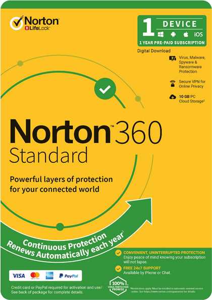 *Last Stock* Norton 360 Standard, 10GB, 1 User, 1 Device, 12 Months, PC, MAC, Android, iOS, DVD, VPN, Attach OEM Edition, Subscription Norton