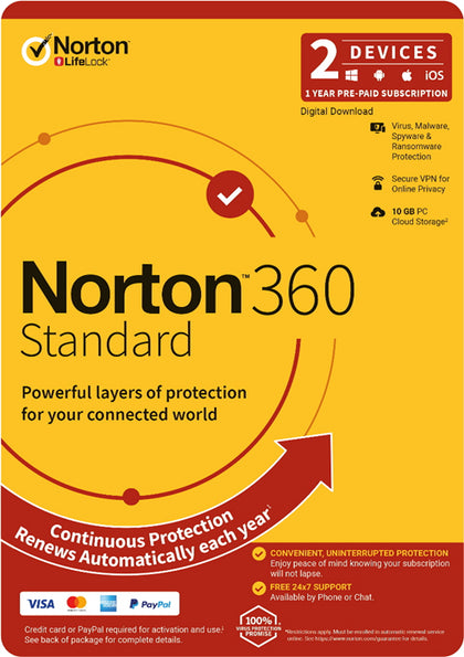 Norton 360 Standard, 10GB, 1 User, 2 Devices, 12 Months, PC, MAC, Android, iOS, DVD, OEM, Subscription Norton