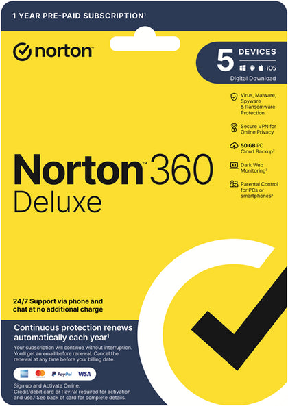 Norton 360 Deluxe 50GB AU 1 User, 5 Devices, , 12 Months, Digital Key  via Email